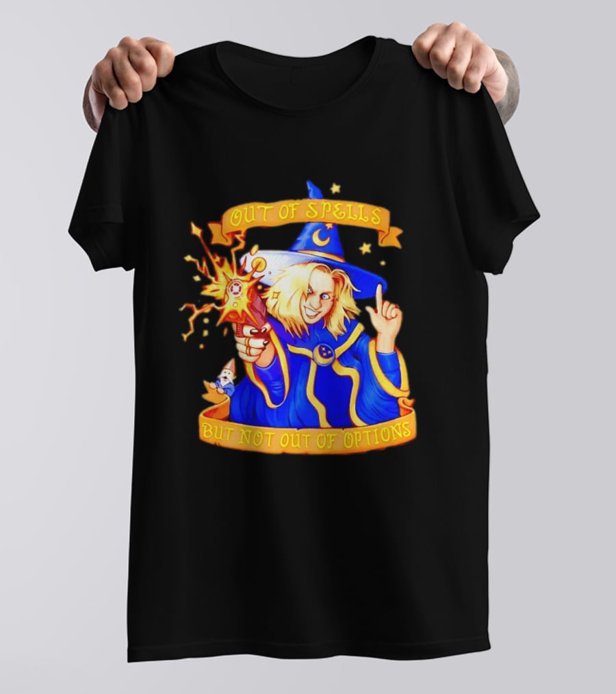 Greg The Sorcerer Out Of Spells Not Out Of Options Enchanting Wizard With Wand And Magic Aura T-Shirt