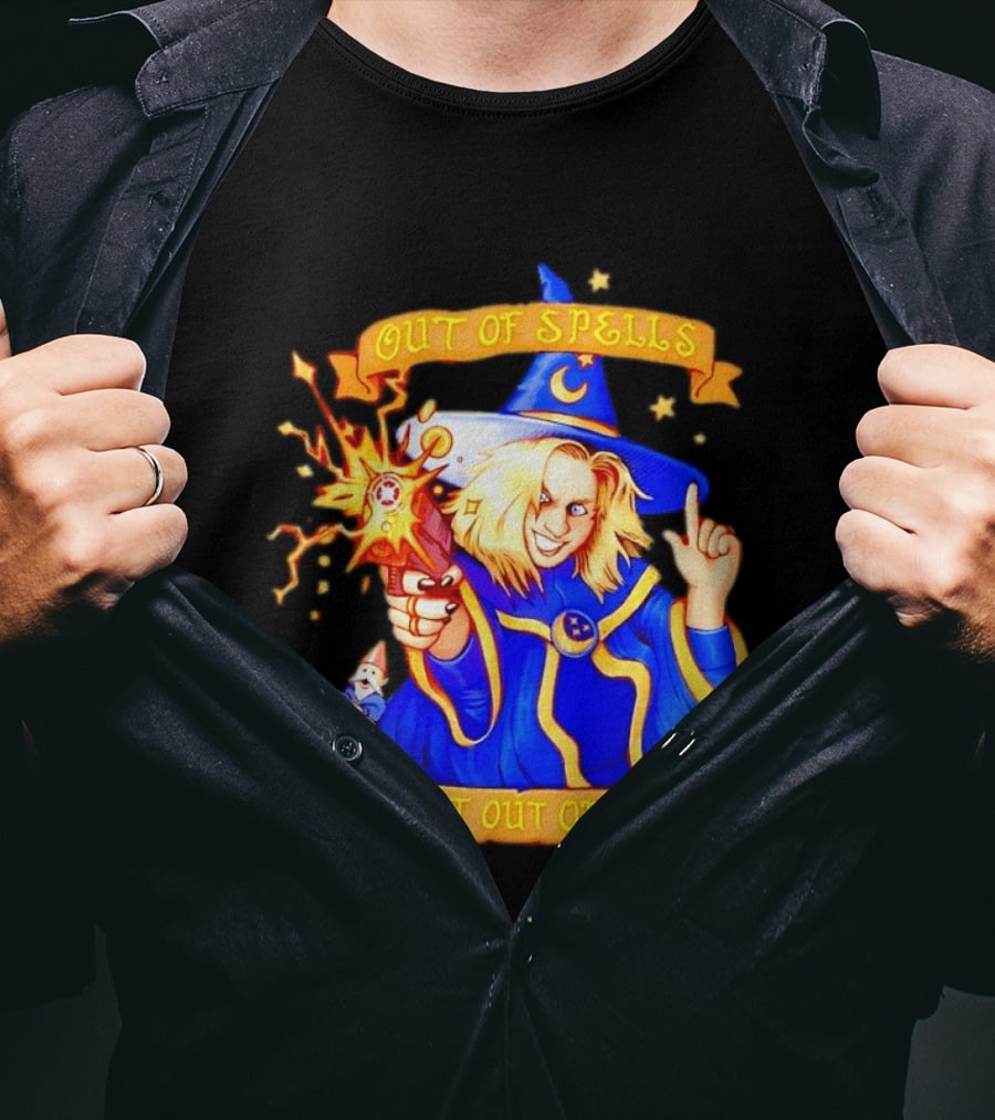 Greg The Sorcerer Out Of Spells Not Out Of Options Enchanting Wizard With Wand And Magic Aura T-Shirt