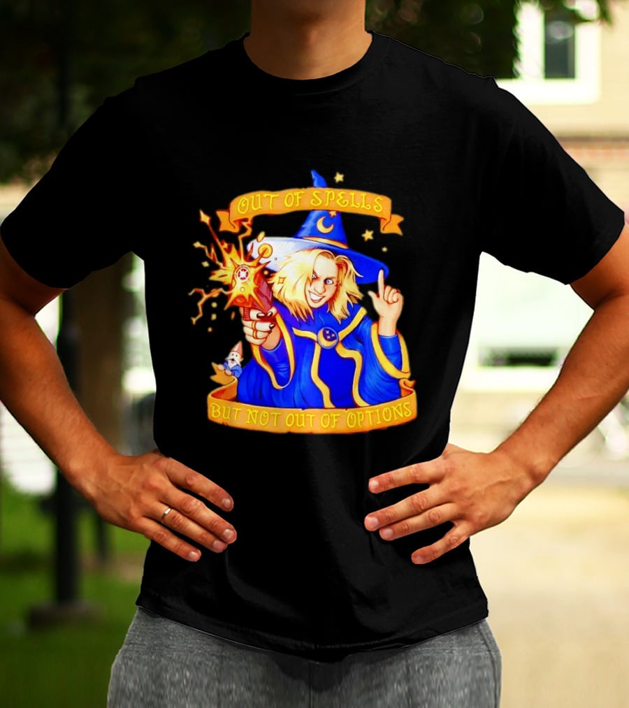 Greg The Sorcerer Out Of Spells Not Out Of Options Enchanting Wizard With Wand And Magic Aura T-Shirt
