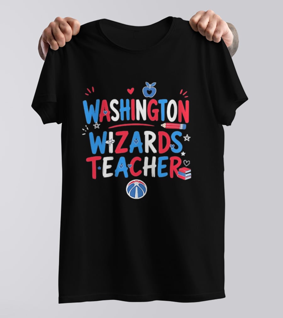 Washington Wizards Teacher Apple Pencil Heart Basketball T-Shirt
