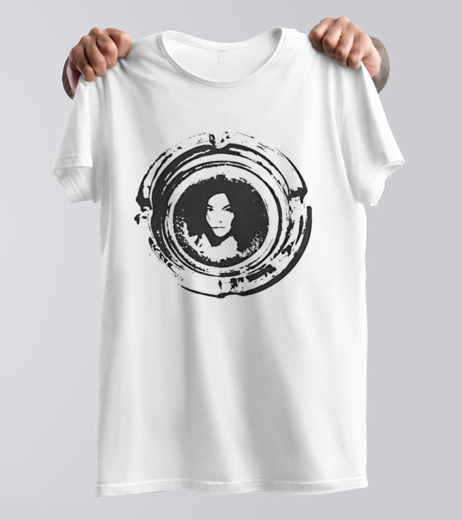 Bjork Circular Stamp Design Black And White T-Shirt