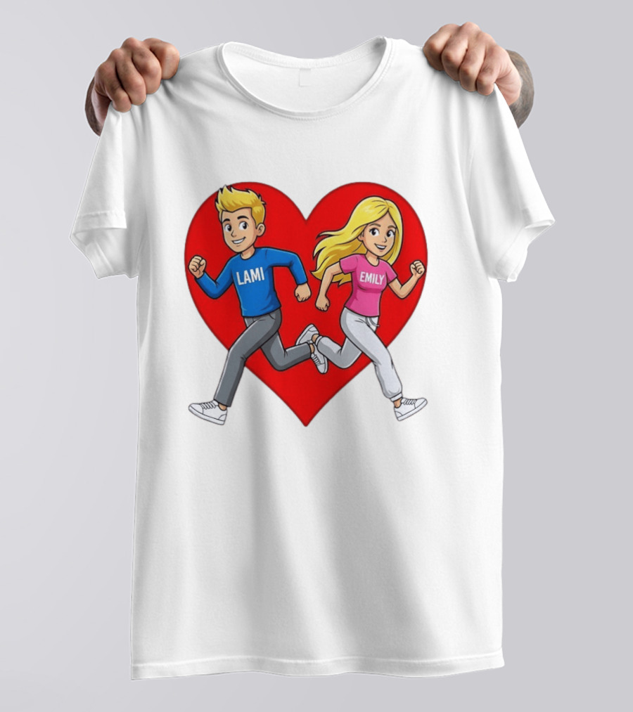 Lami And Emily Cartoon Couple Running With Heart T-Shirt