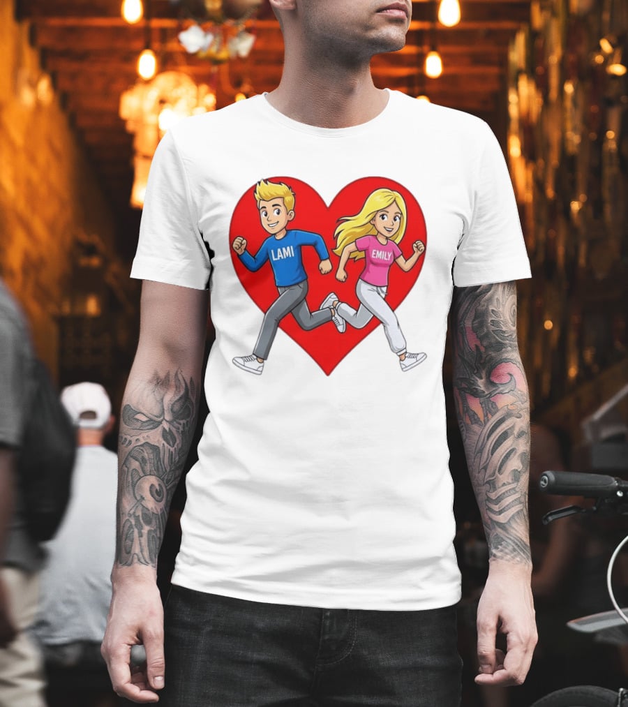 Lami And Emily Cartoon Couple Running With Heart T-Shirt