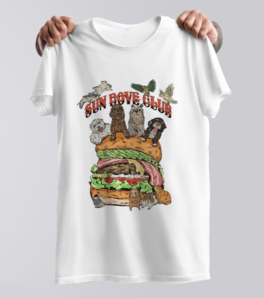 Sun Dove Club Animals On Giant Burger With Dogs And Birds T-Shirt