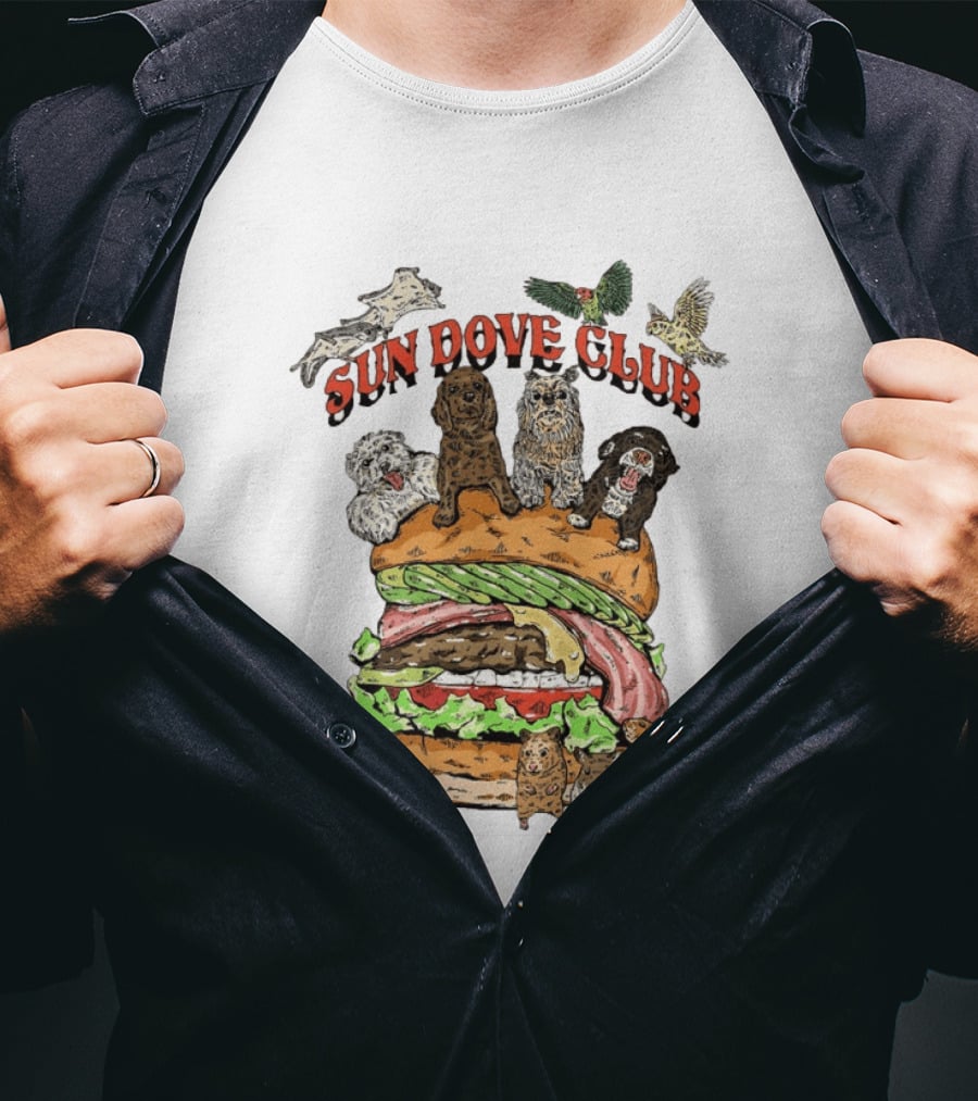 Sun Dove Club Animals On Giant Burger With Dogs And Birds T-Shirt