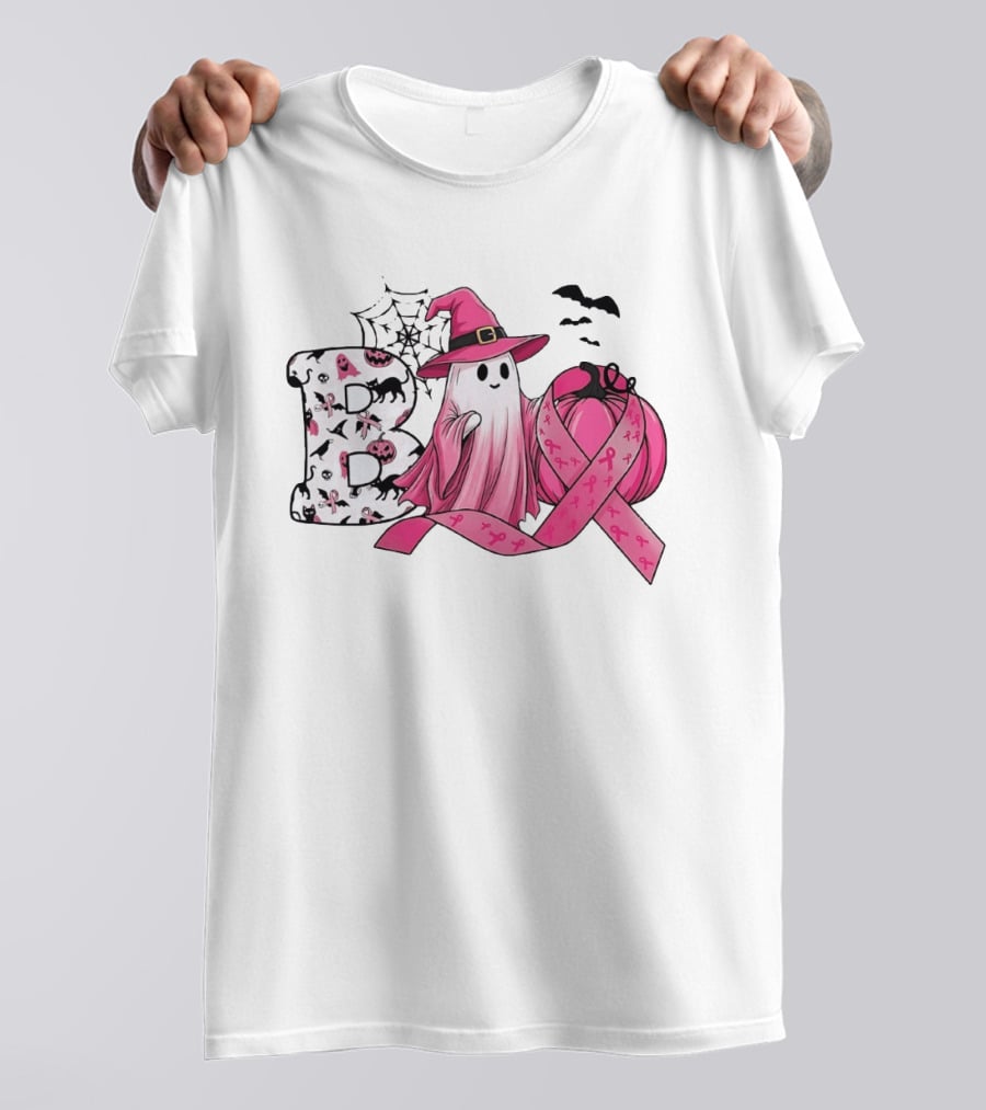 Boo Ghost Witch Pink Breast Cancer Ribbon Halloween Pumpkin T-Shirt