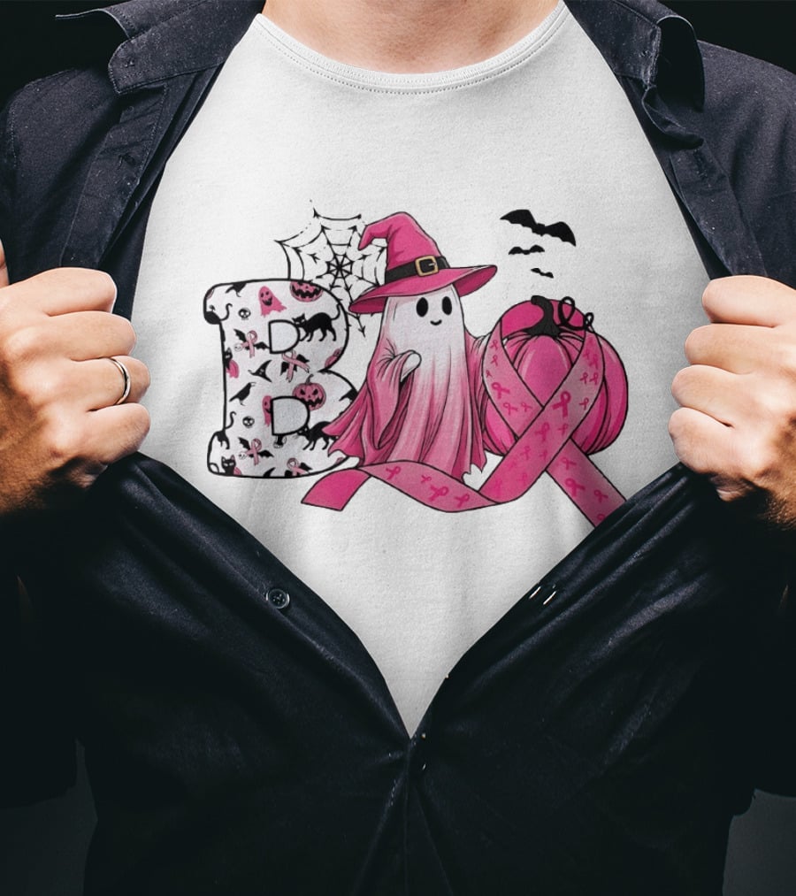 Boo Ghost Witch Pink Breast Cancer Ribbon Halloween Pumpkin T-Shirt