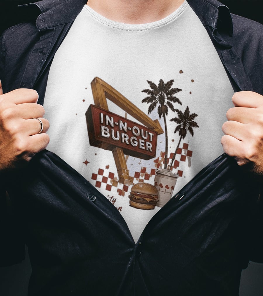 IN N OUT Burger Quality You Can Taste Sign With Palm Trees And Checkered T-Shirt