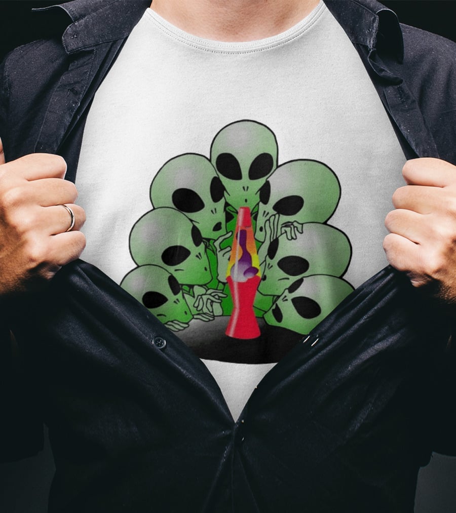 Aliens Gathering Around Colorful Lava Lamp T-Shirt
