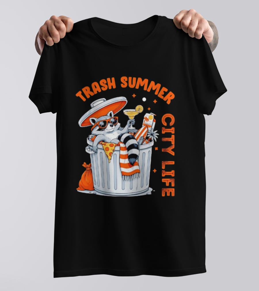 Trash Summer City Life Raccoon Enjoying Urban Vibes With Pizza And Martini T-Shirt