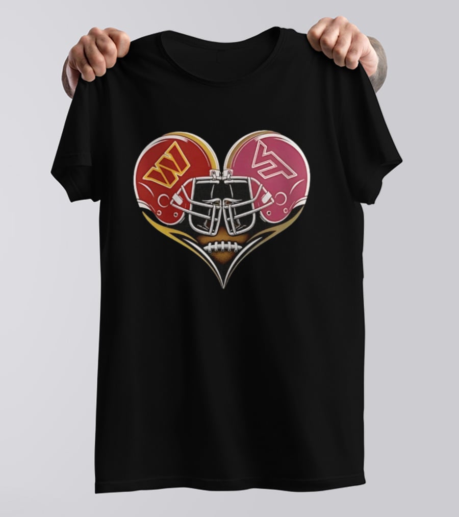 Washington Commanders Virginia Tech Hokies Helmet Heart Dual Team Spirit T-Shirt
