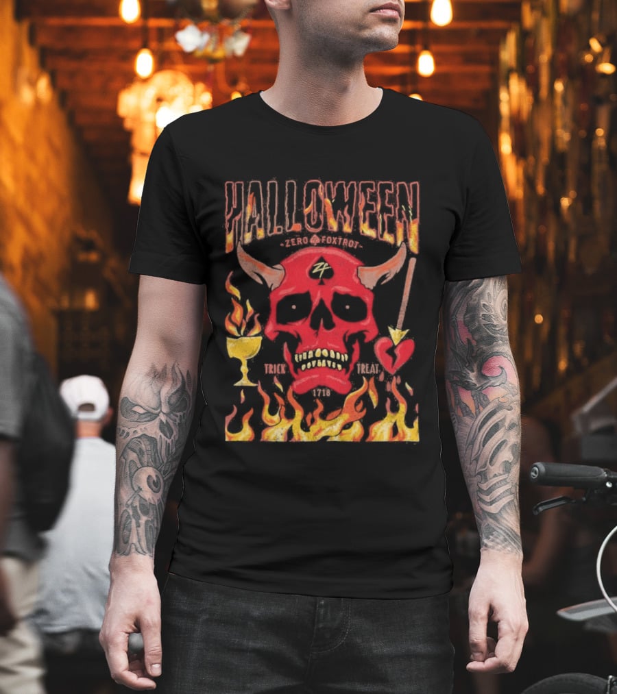 Zero Foxtrot Halloween No Quarter Flaming Demon Skull T-Shirt
