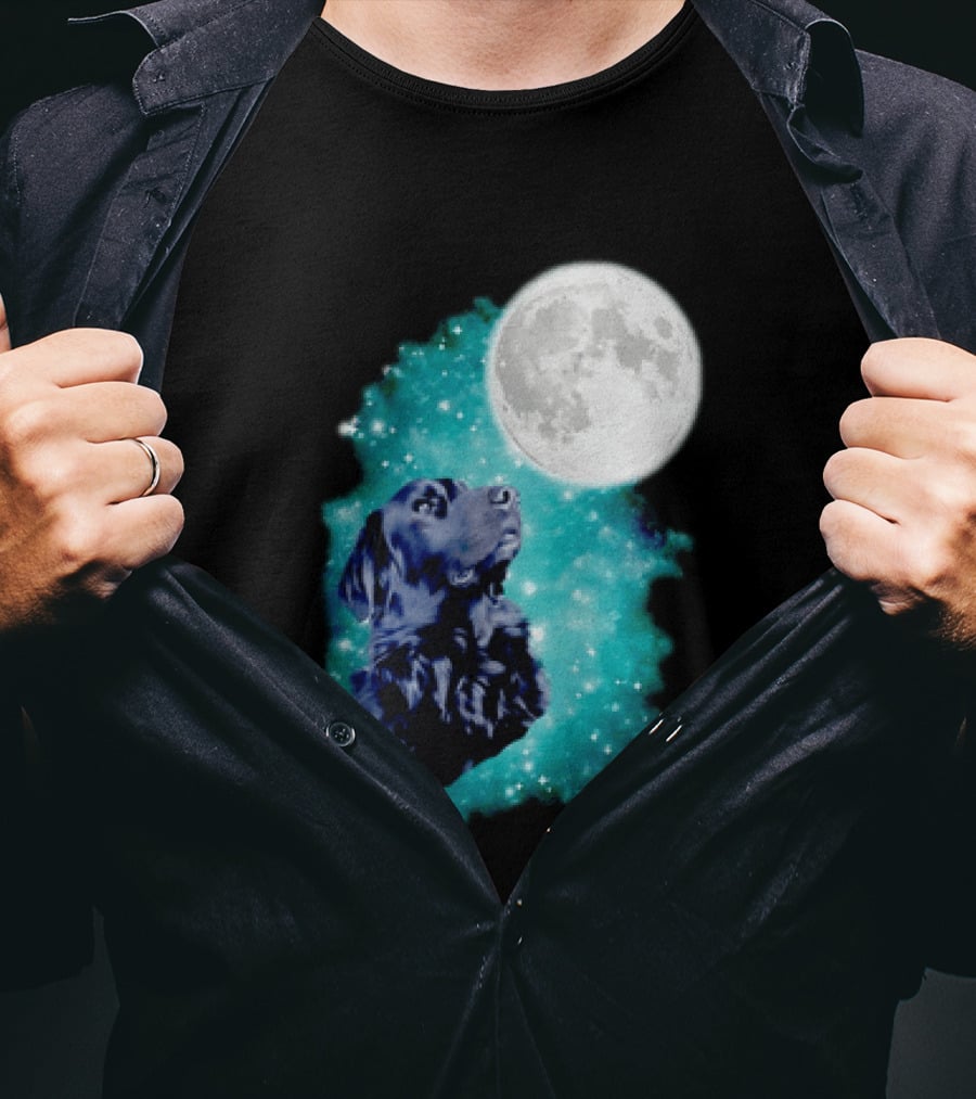Black Dog Under Moon In Galaxy Space T-Shirt