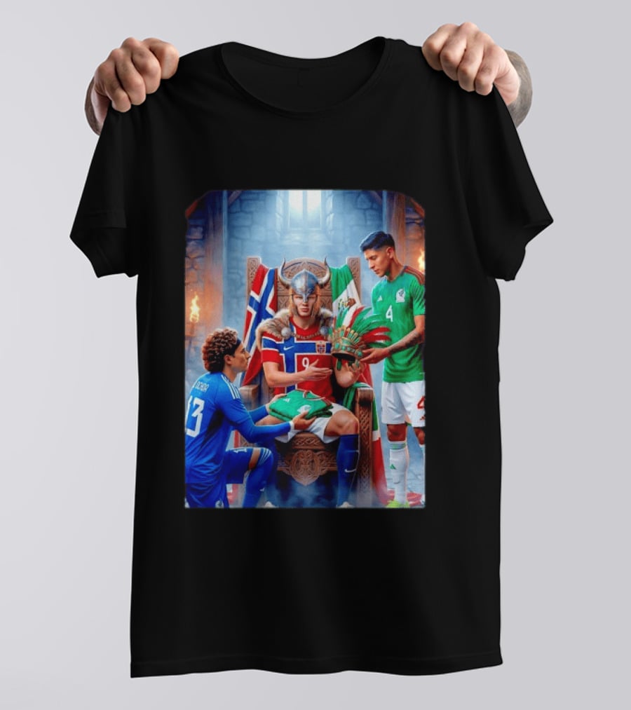 Guillermo Ochoa And Johan Vasquez Offering Mexico Jersey To Viking Erling Haaland With Norway Flag In Throne Room T-Shirt