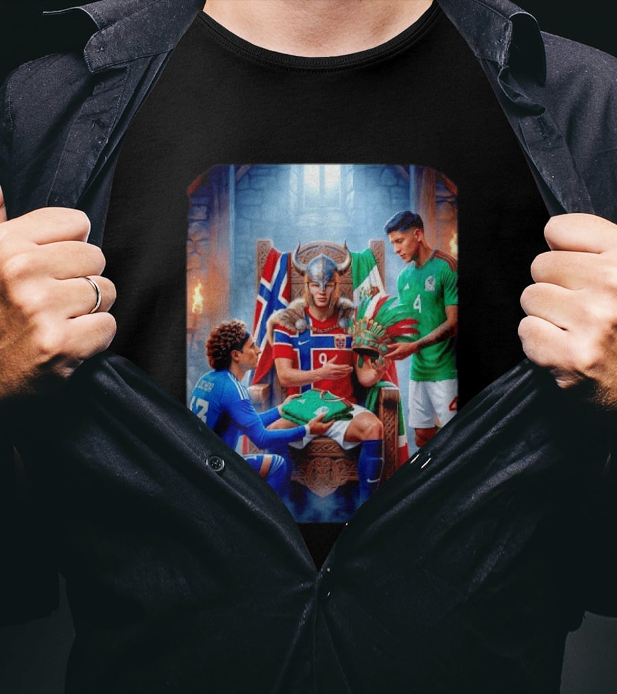 Guillermo Ochoa And Johan Vasquez Offering Mexico Jersey To Viking Erling Haaland With Norway Flag In Throne Room T-Shirt
