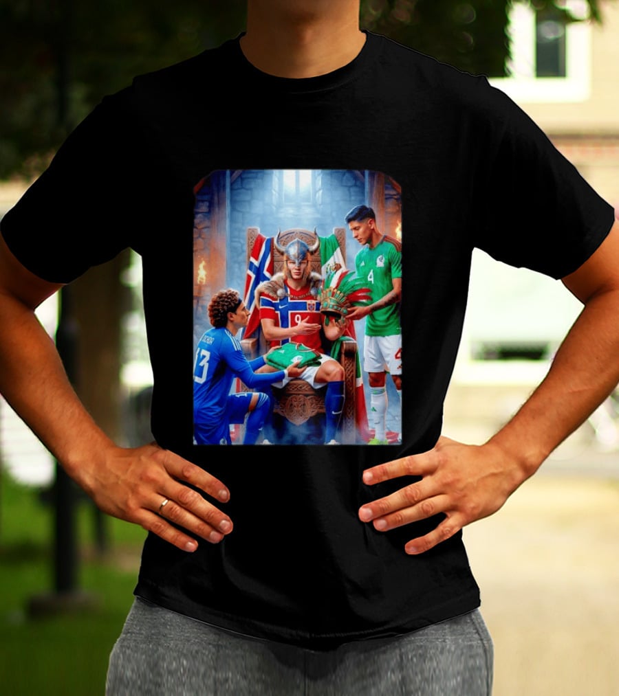 Guillermo Ochoa And Johan Vasquez Offering Mexico Jersey To Viking Erling Haaland With Norway Flag In Throne Room T-Shirt