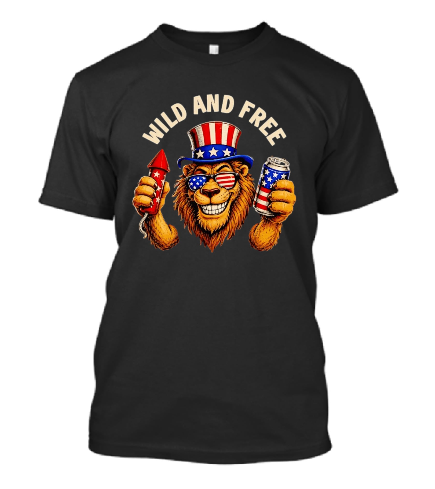 Wild And Free Lion Patriotic Hat Holding Firework And American Flag Can T-Shirt