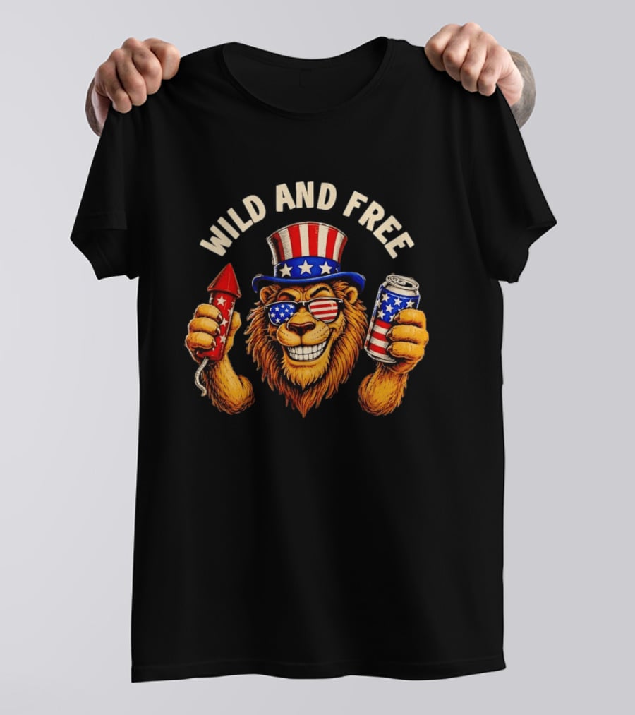 Wild And Free Lion Patriotic Hat Holding Firework And American Flag Can T-Shirt