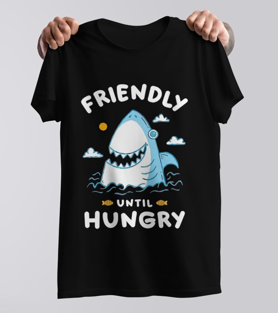 Friendly Shark Grinning Until Hungry Cloudy Ocean Scene T-Shirt