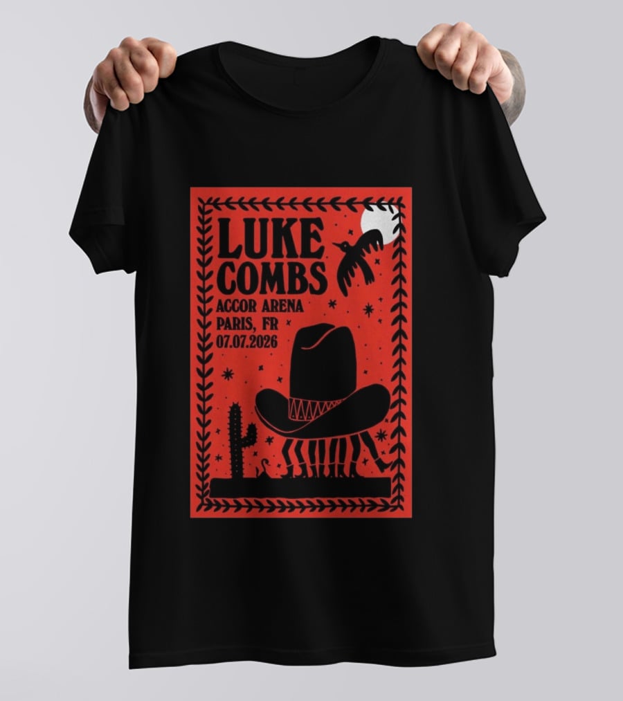 Luke Combs Accor Arena Paris FR 07.07.2026 Cowboy Hat Cactus Moon Desert Scene T-Shirt