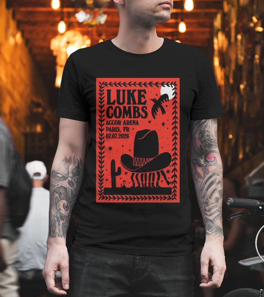 Luke Combs Accor Arena Paris FR 07.07.2026 Cowboy Hat Cactus Moon Desert Scene T-Shirt