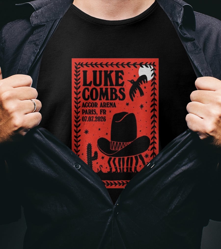 Luke Combs Accor Arena Paris FR 07.07.2026 Cowboy Hat Cactus Moon Desert Scene T-Shirt