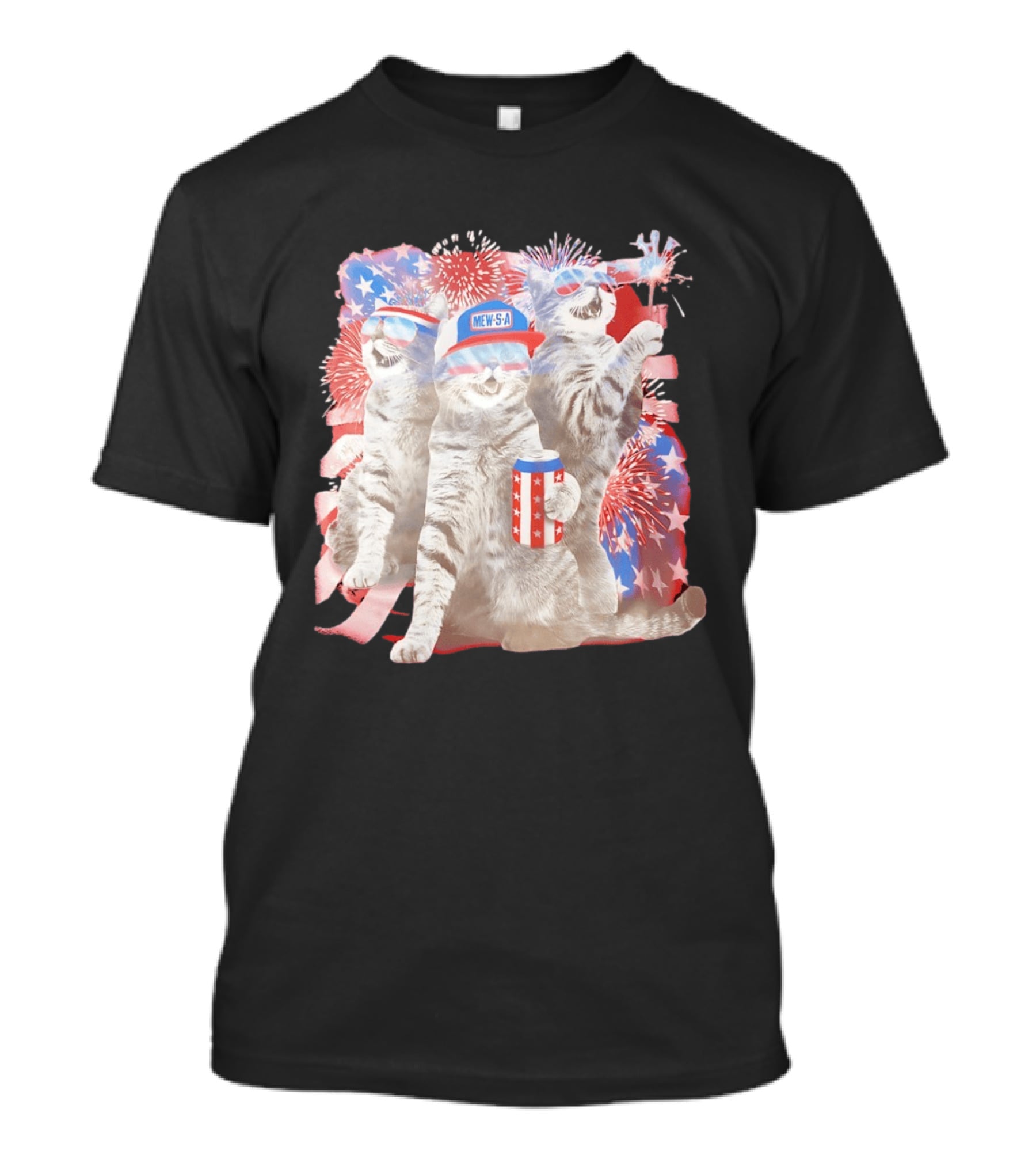 Mew's A Patriotic American Flag Cats Fireworks Party Animal Holiday USA T-Shirt