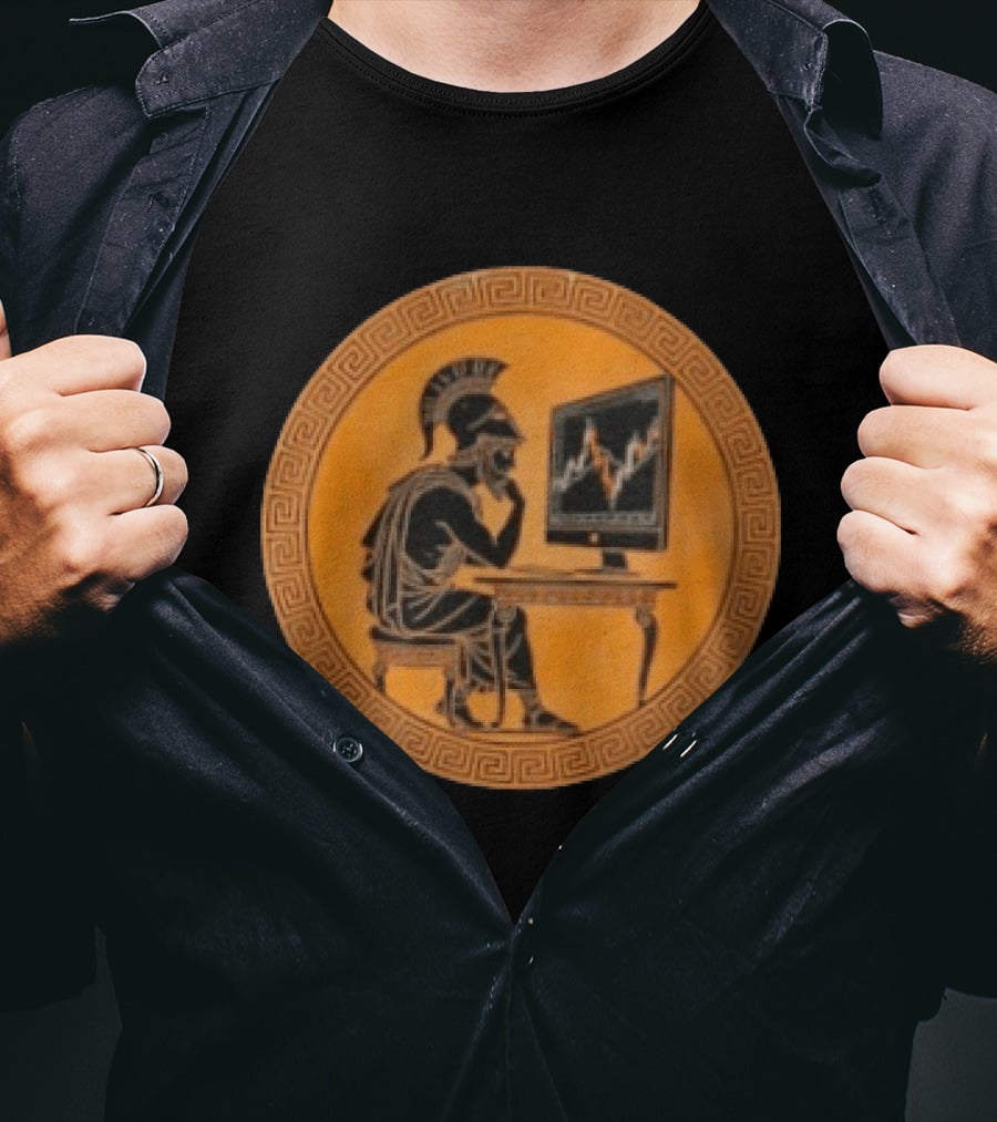 Greek Warrior Analyzing Stock Charts With Ancient Trader Flair T-Shirt