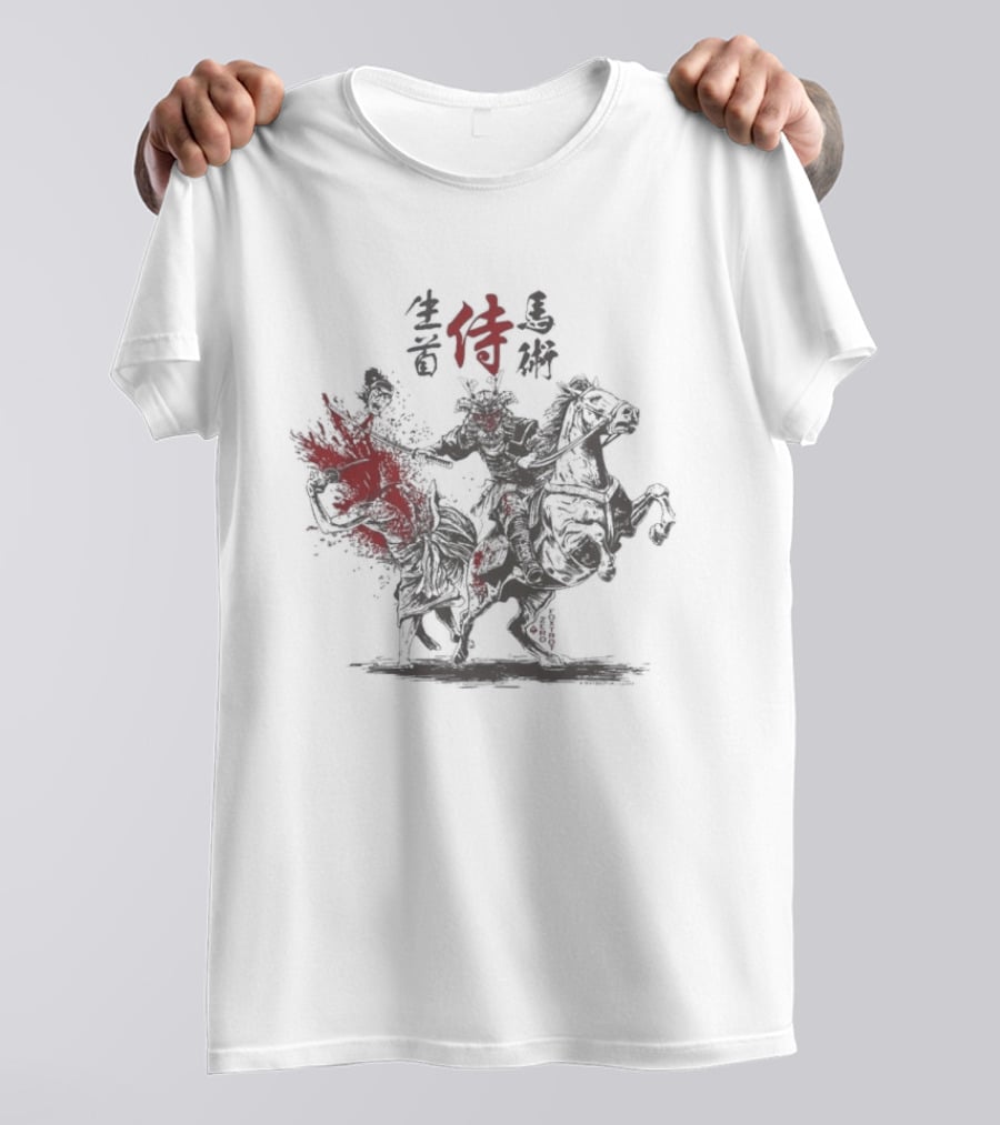 Zero Foxtrot Namakubi Bajutsu Samurai Riding Warrior With Red Kanji T-Shirt