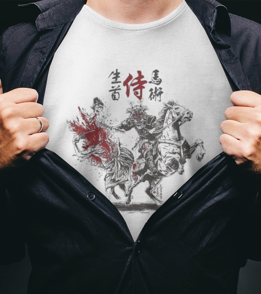 Zero Foxtrot Namakubi Bajutsu Samurai Riding Warrior With Red Kanji T-Shirt