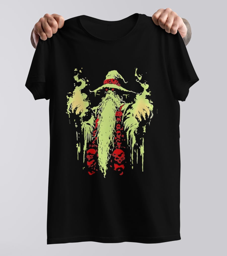 Necromancer Wizard With Glowing Green Fire And Red Skulls T-Shirt