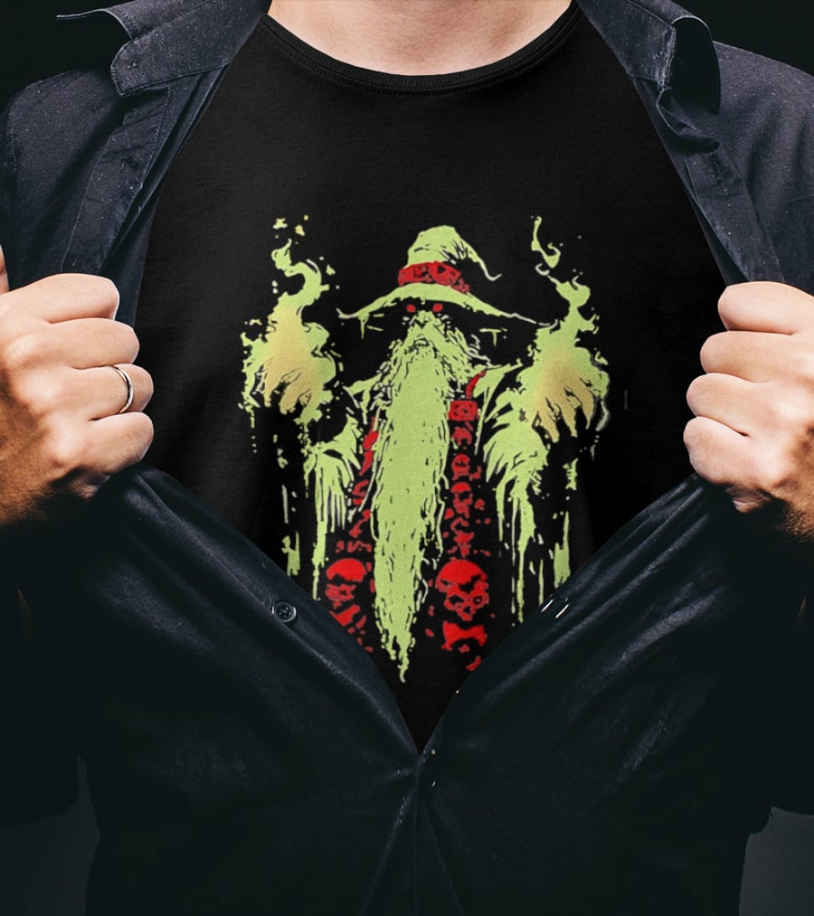 Necromancer Wizard With Glowing Green Fire And Red Skulls T-Shirt