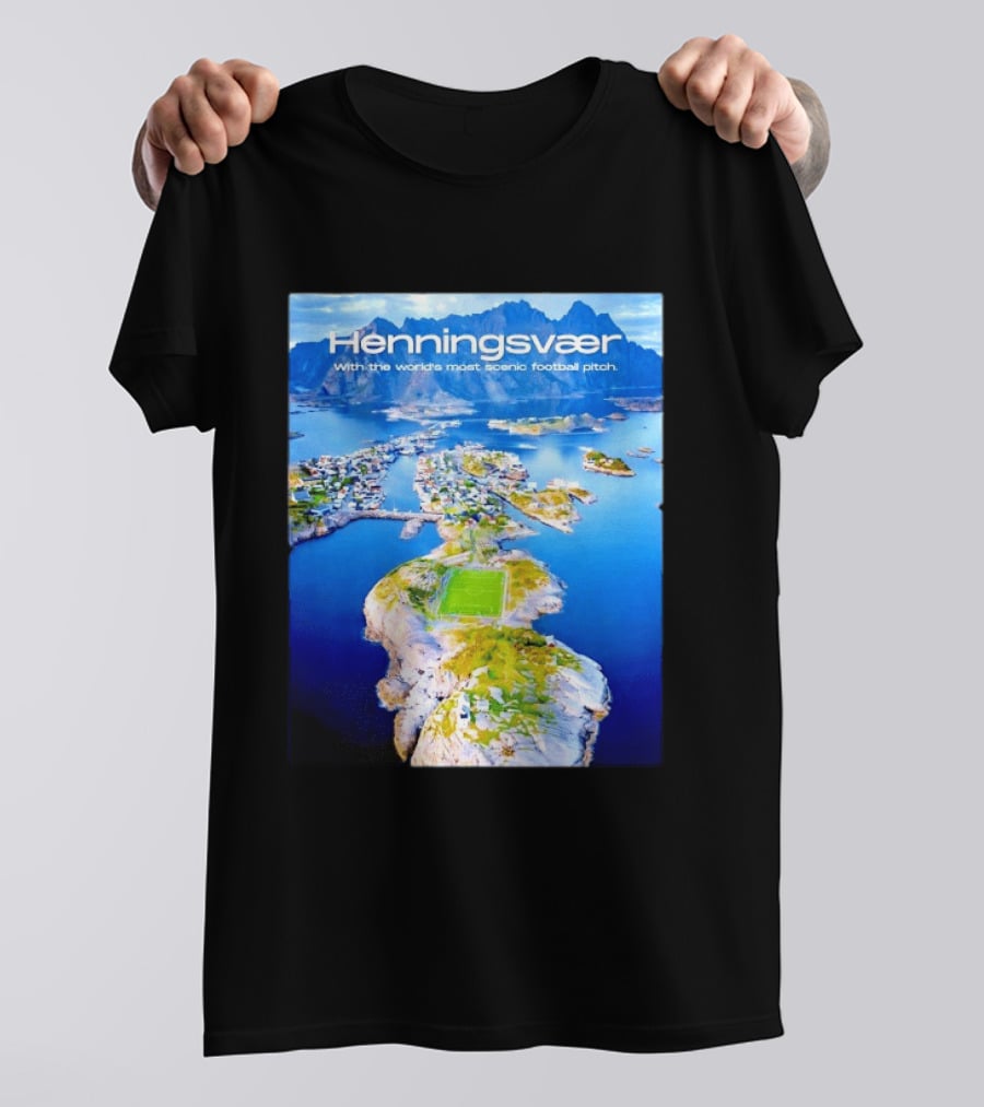 Henningsvaer With The World's Most Scenic Football Pitch Aerial View T-Shirt