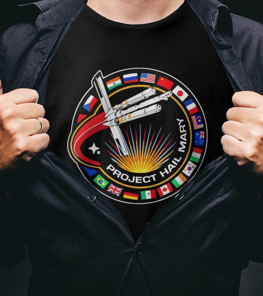 Project Hail Mary Mission Patch With International Flags And Spacecraft T-Shirt