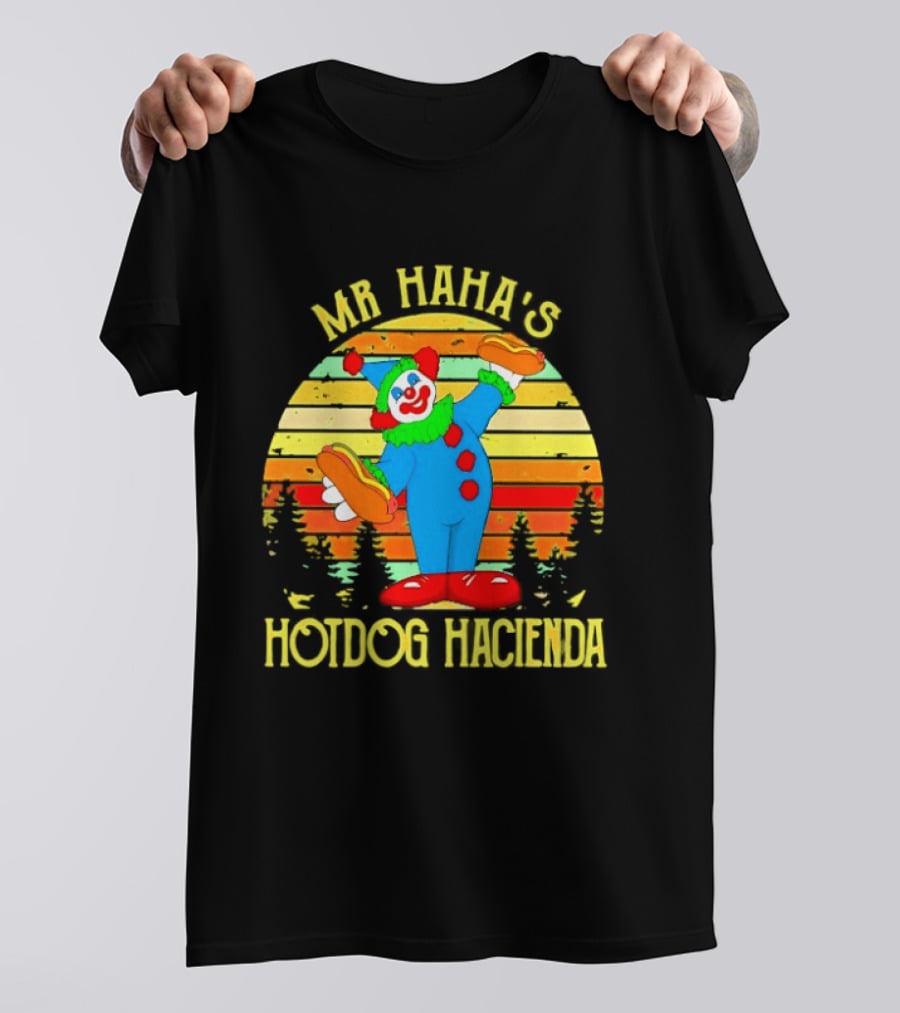 Mr Haha's Hotdog Hacienda Clown In Colorful Costume With Hot Dog T-Shirt