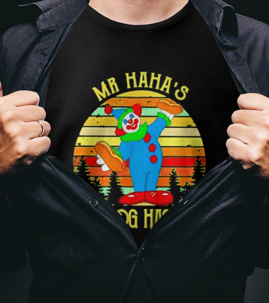 Mr Haha's Hotdog Hacienda Clown In Colorful Costume With Hot Dog T-Shirt