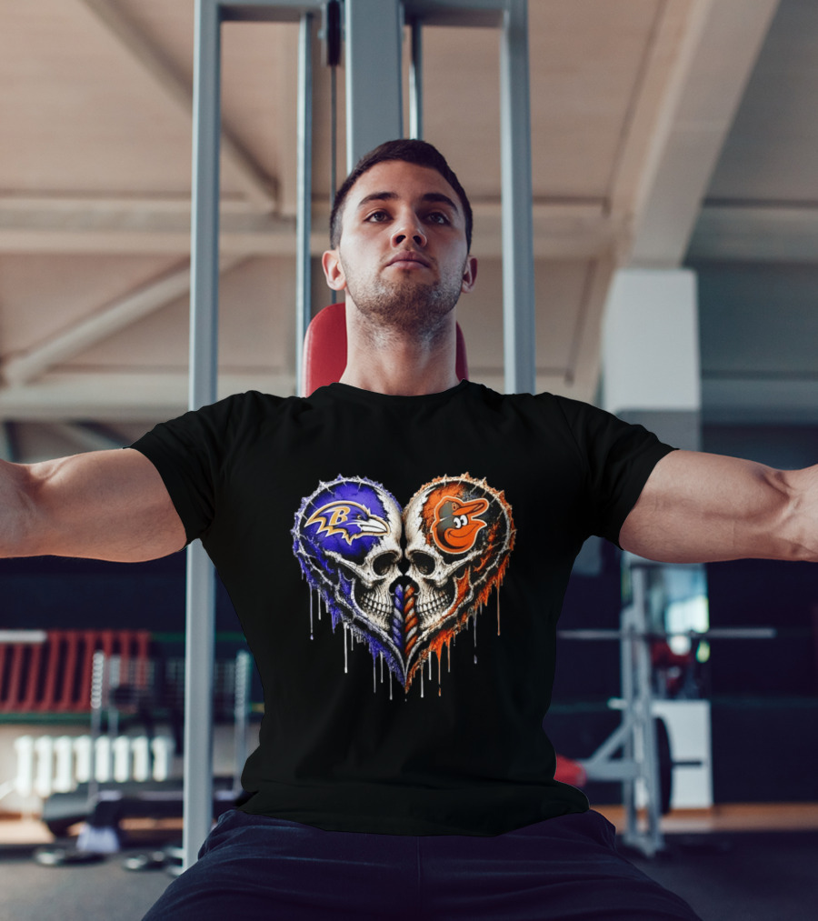Baltimore Ravens And Baltimore Orioles Skull Heart T-Shirt