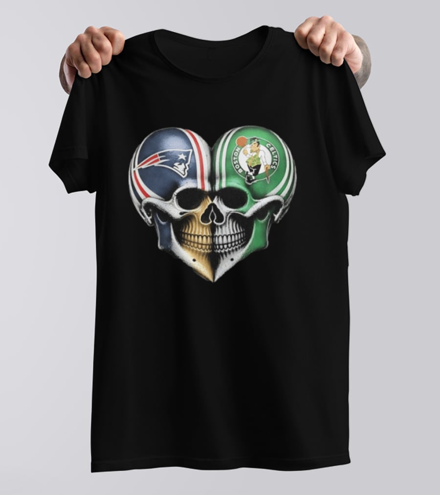 Boston Celtics And New England Patriots Skull Heart T-Shirt