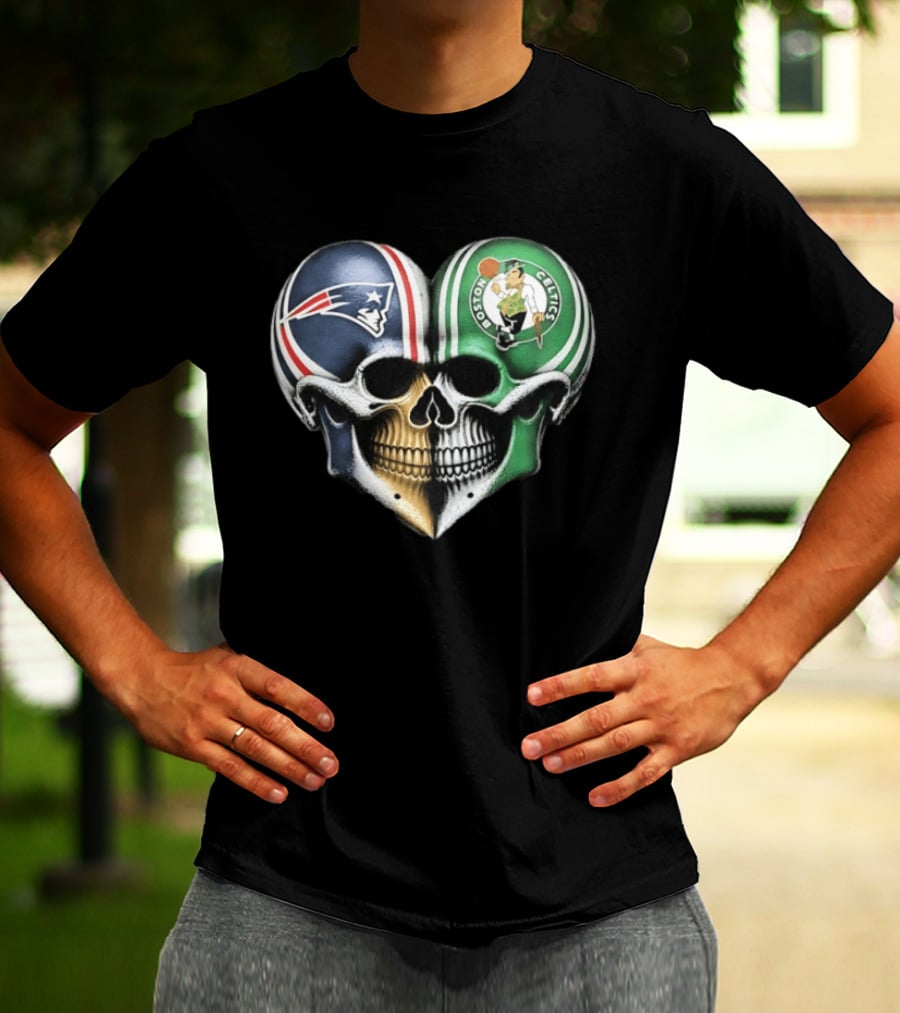 Boston Celtics And New England Patriots Skull Heart T-Shirt