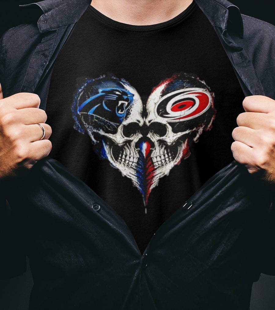 Carolina Panthers And Carolina Hurricanes Heart Skulls T-Shirt