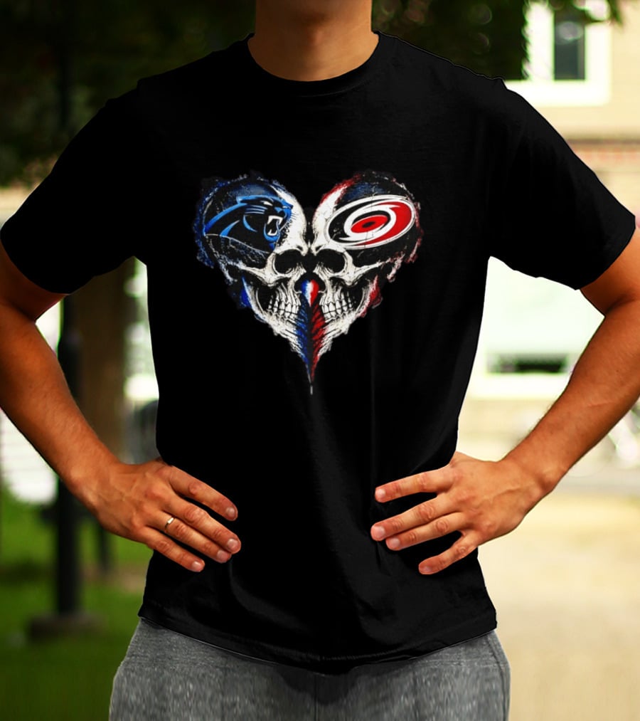 Carolina Panthers And Carolina Hurricanes Heart Skulls T-Shirt