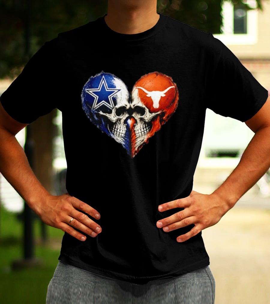 Dallas Cowboys And Texas Longhorns Skulls Heart T-Shirt