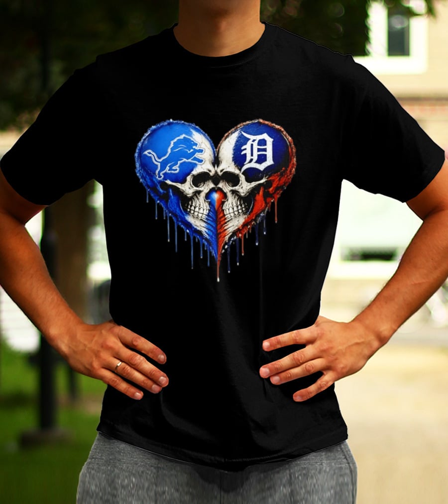 Detroit Lions And Detroit Tigers Skull Heart T-Shirt