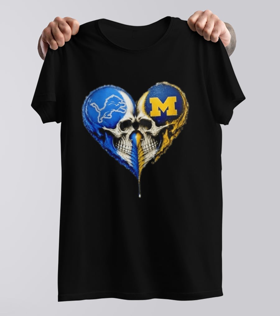 Detroit Lions And Michigan Wolverines Heart Skulls T-Shirt