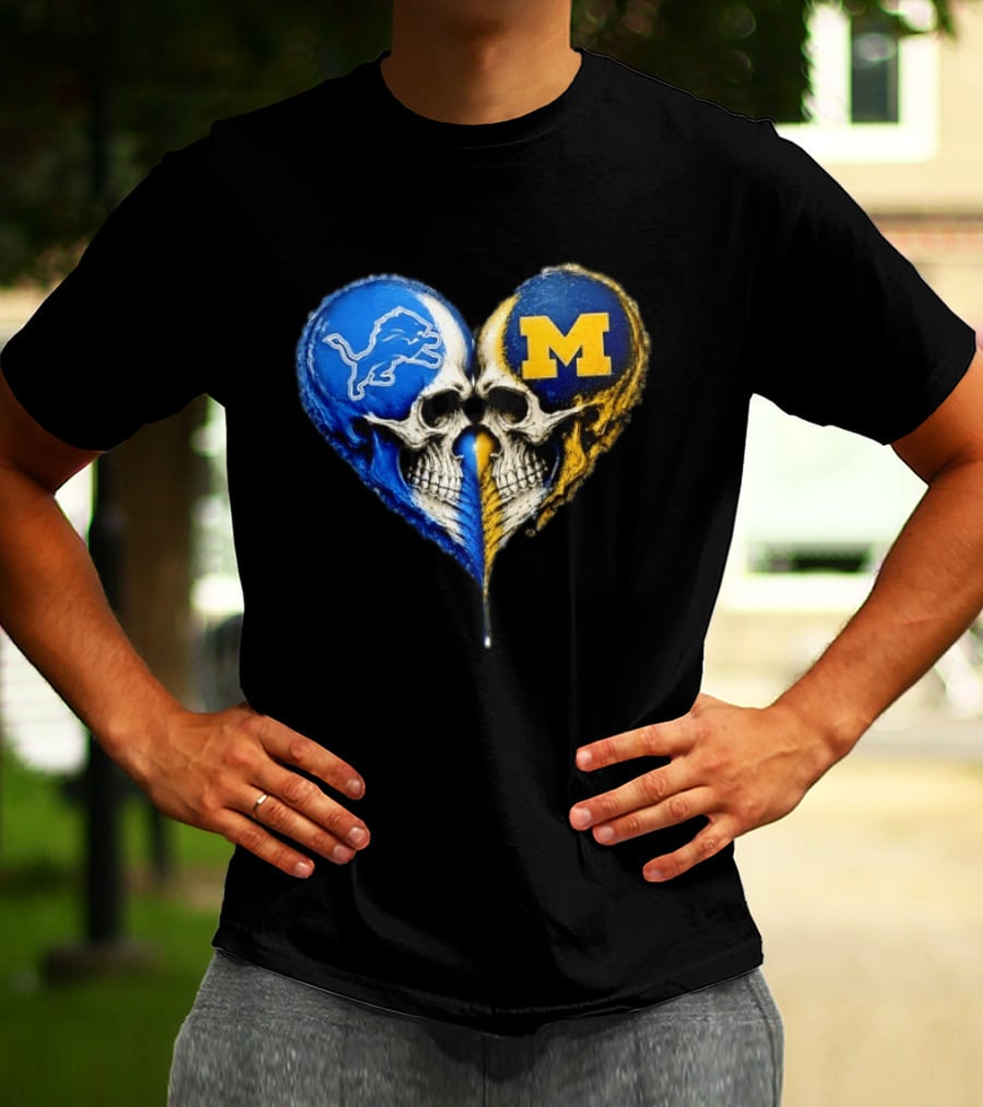Detroit Lions And Michigan Wolverines Heart Skulls T-Shirt
