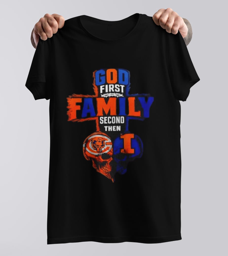 God First Family Second Then Chicago Bears And Illinois Fighting Illini Skull Heart T-Shirt