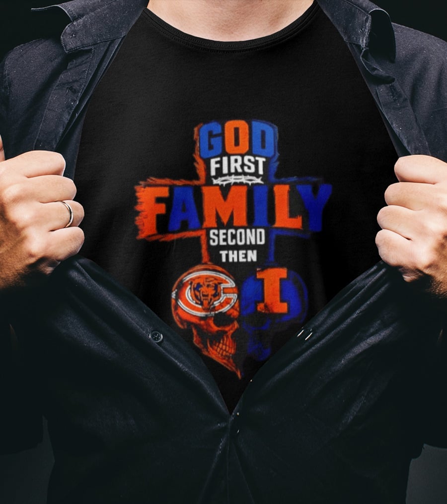 God First Family Second Then Chicago Bears And Illinois Fighting Illini Skull Heart T-Shirt