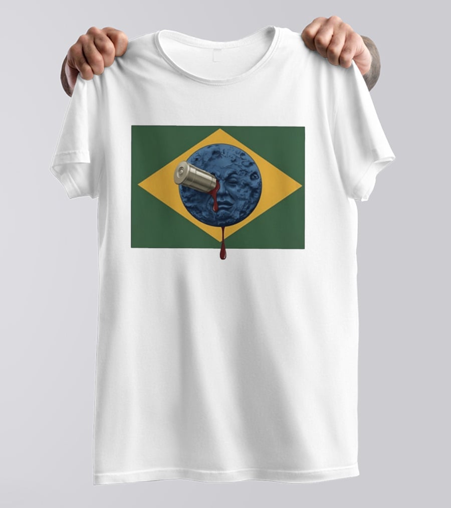 Brazil Flag Moon Face With Bullet And Bleeding Effect T-Shirt