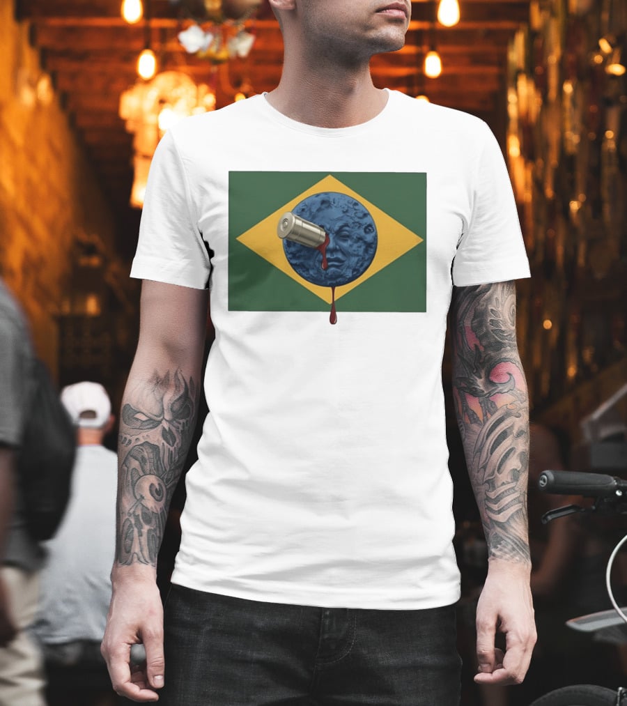 Brazil Flag Moon Face With Bullet And Bleeding Effect T-Shirt