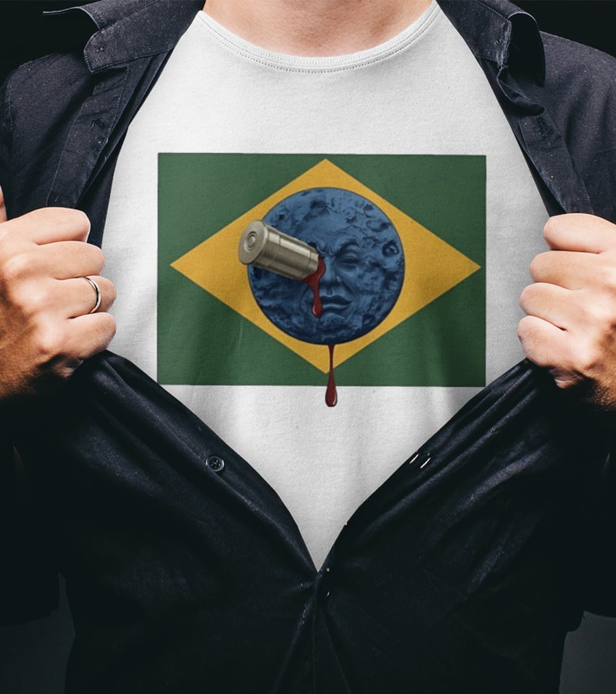 Brazil Flag Moon Face With Bullet And Bleeding Effect T-Shirt